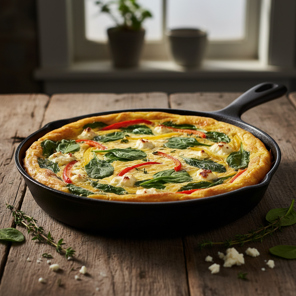 Baked veggie frittata with zucchini, bell peppers, and goat cheese
