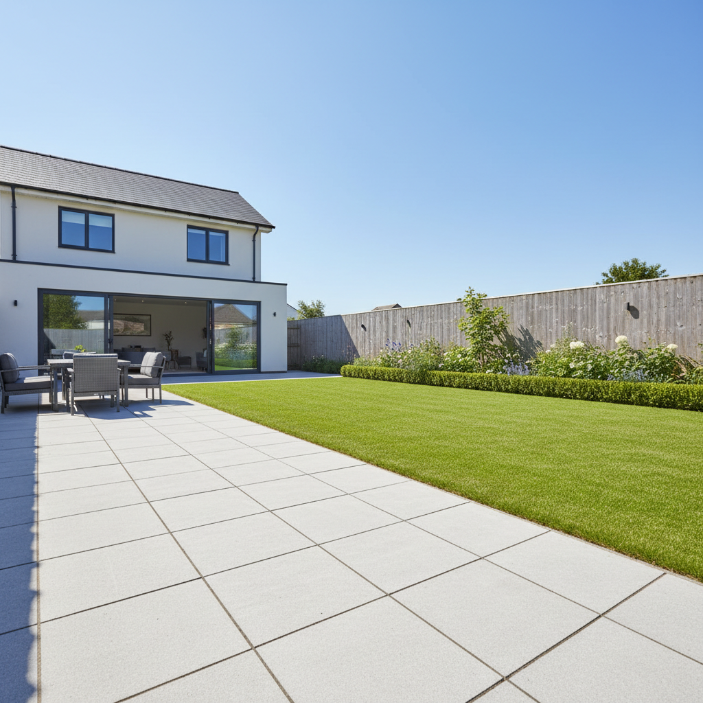 Rear garden with patio and lawn in new build development