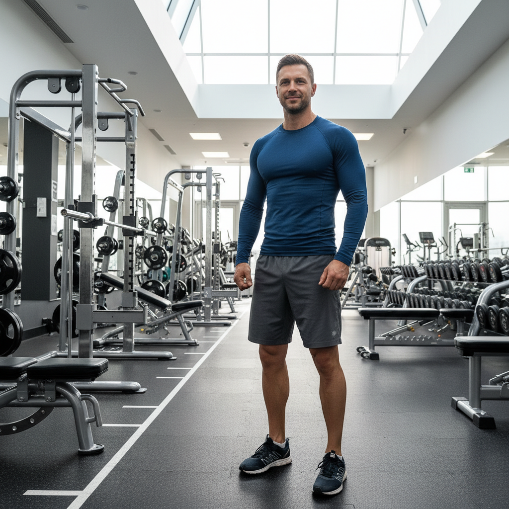 Man at beginning of fitness journey standing in gym environment