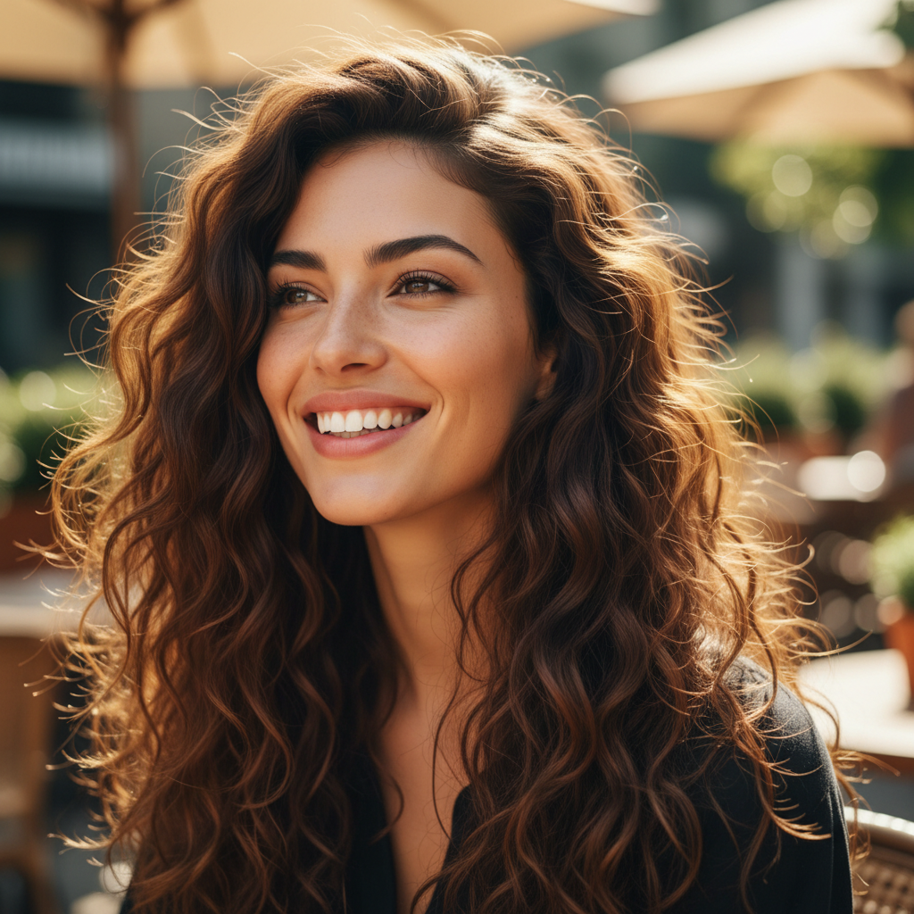 Woman with thick, healthy dark hair blowing in breeze — before and after comparison showing reduced hair fall
