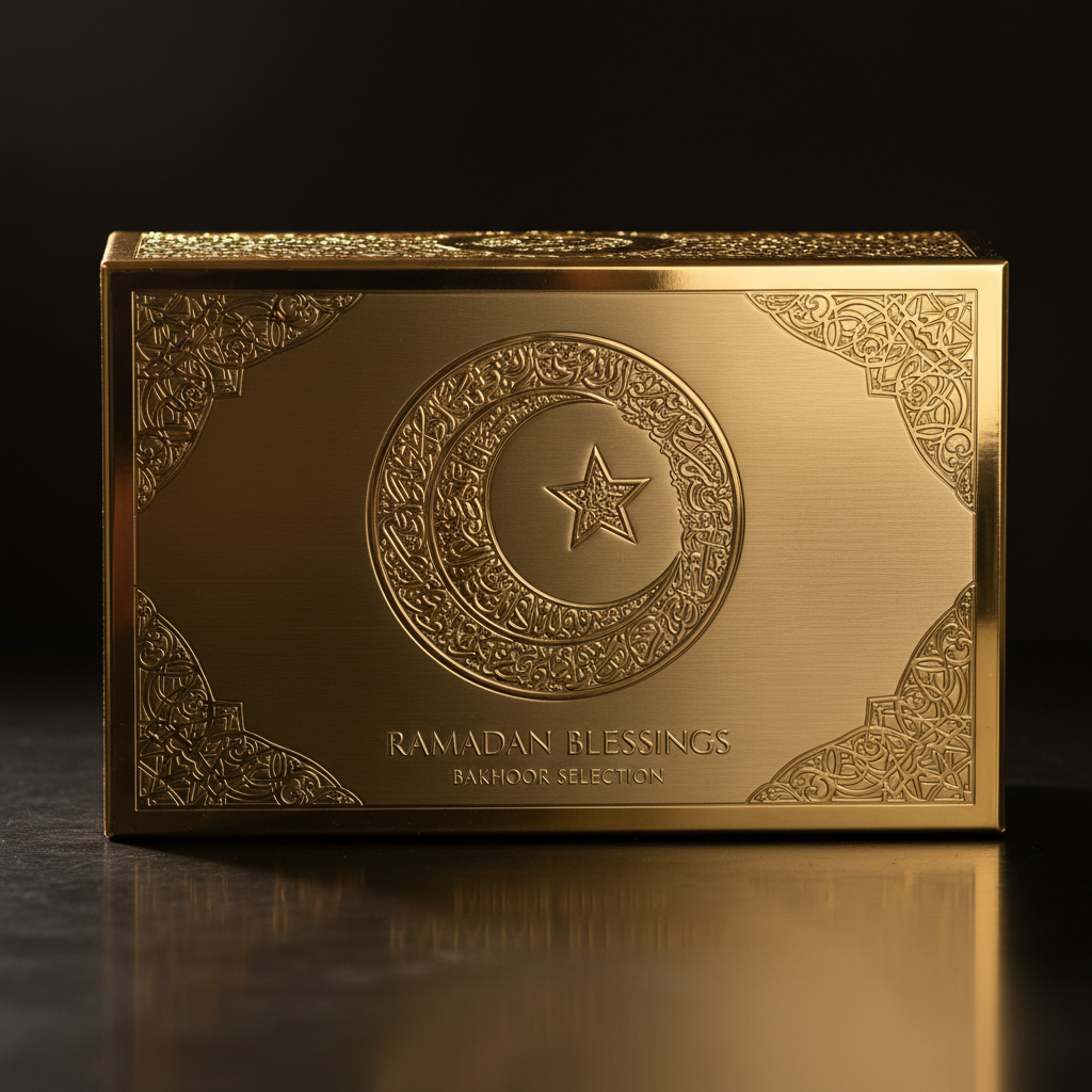 Special Ramadan edition bakhoor in ornate golden packaging with crescent moon motif