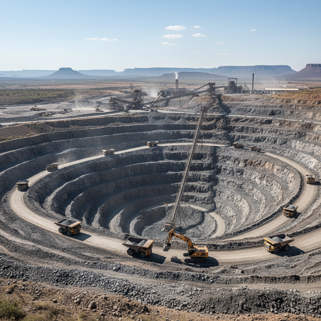 Open pit mine in South Africa with heavy machinery and industrial infrastructure
