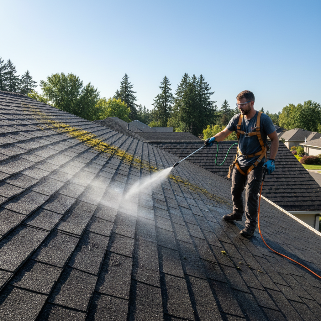 Application de traitement anti-mousse sur une toiture