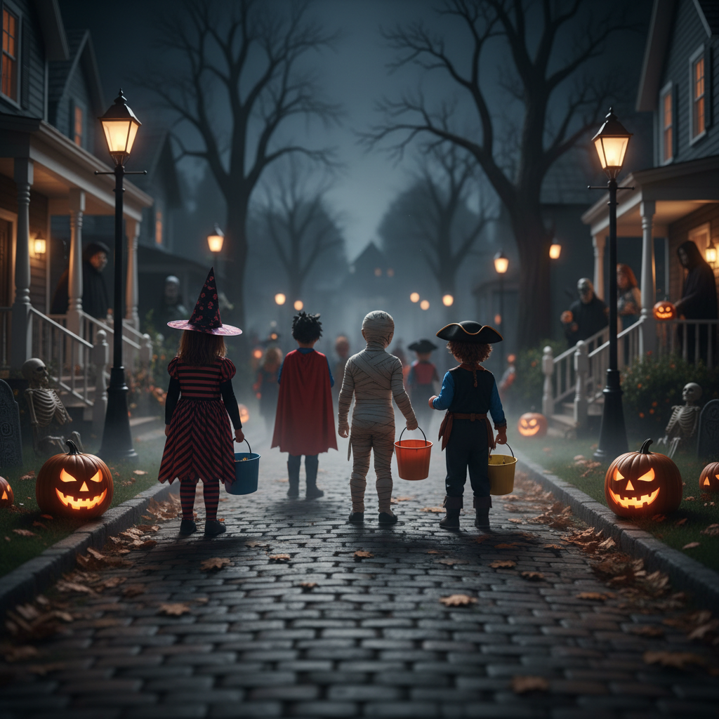 Group of six friends in Halloween costumes laughing together on a dimly lit cobblestone street