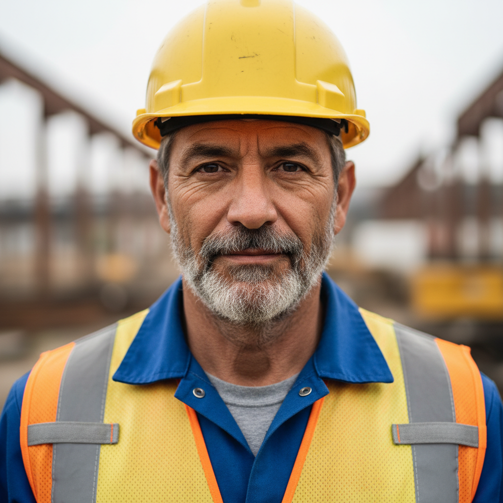 Middle-aged Hispanic man with short dark hair, wearing a hard hat outdoors