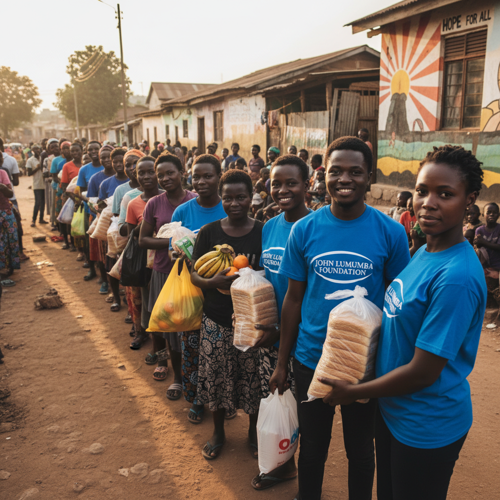 African child receiving food from a Joe & Jane Humanitarian Foundation volunteer in branded clothing, warm sunlight, hopeful expression