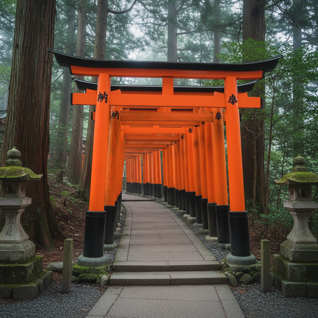Fushimi Inari thousands of torii gates on a forested hillside in Kyoto Japan