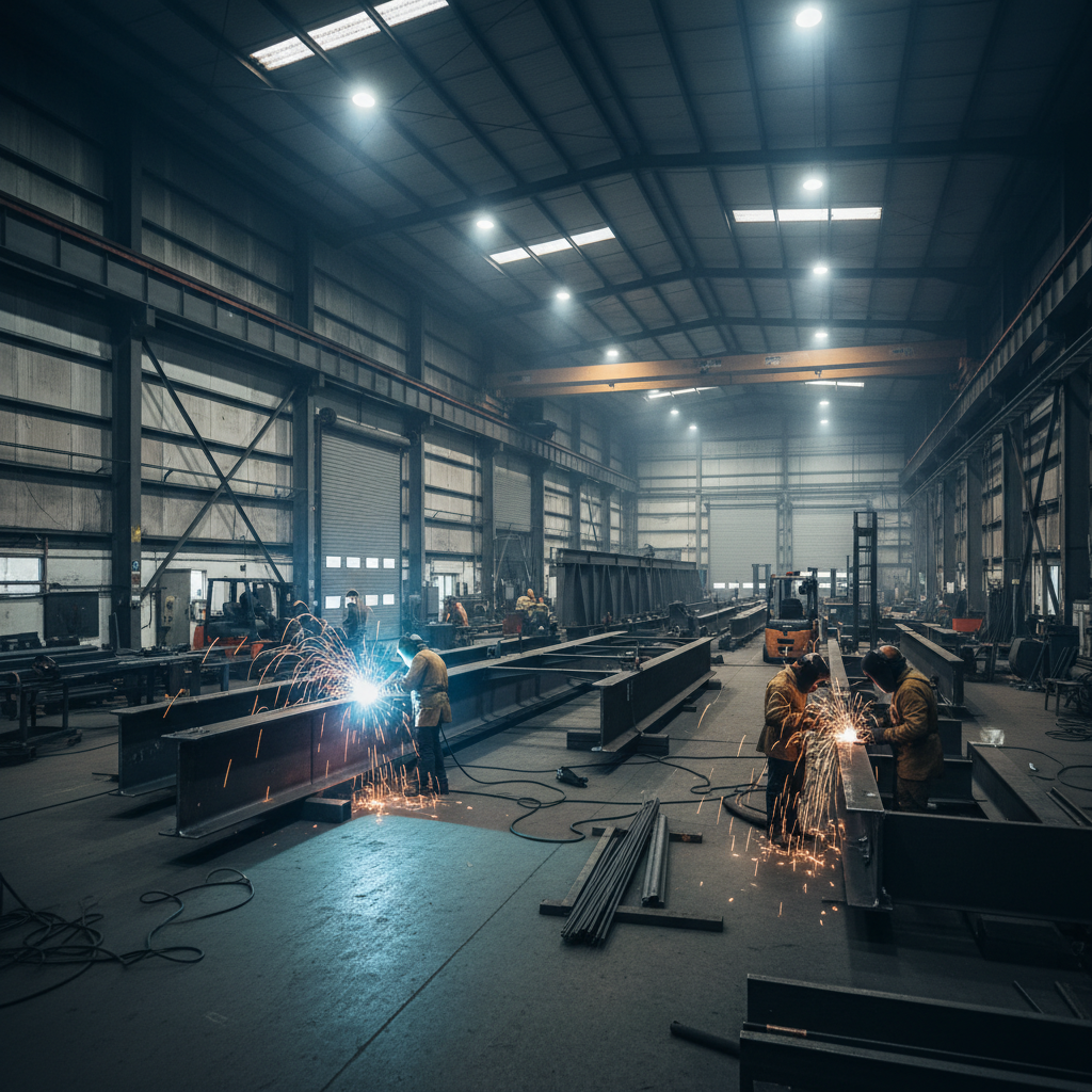 Steel fabrication workshop with welding equipment and metal structures being assembled