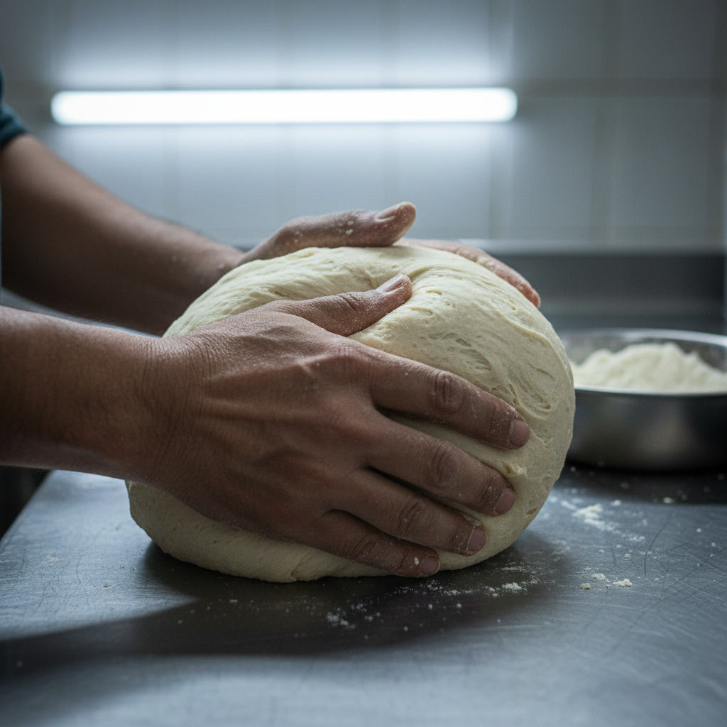 Hands kneading roti dough under bright fluorescent kitchen light at 4am