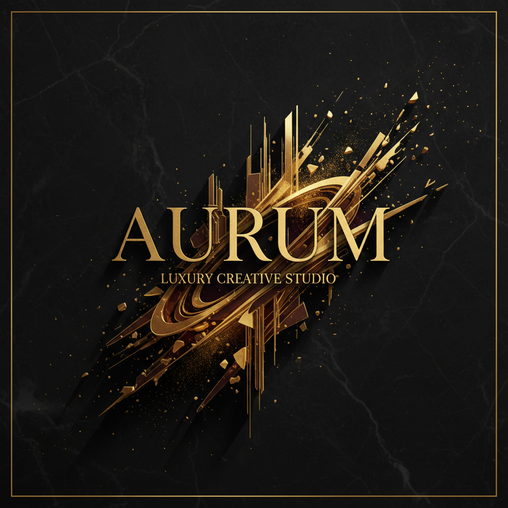 Abstract golden brand design elements on dark background, luxury creative studio atmosphere, deep shadows