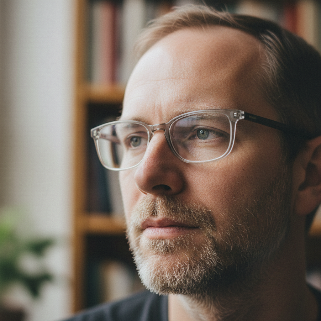 Portrait of Thomas Bauer, a man with glasses and light stubble looking thoughtful against a blurred background