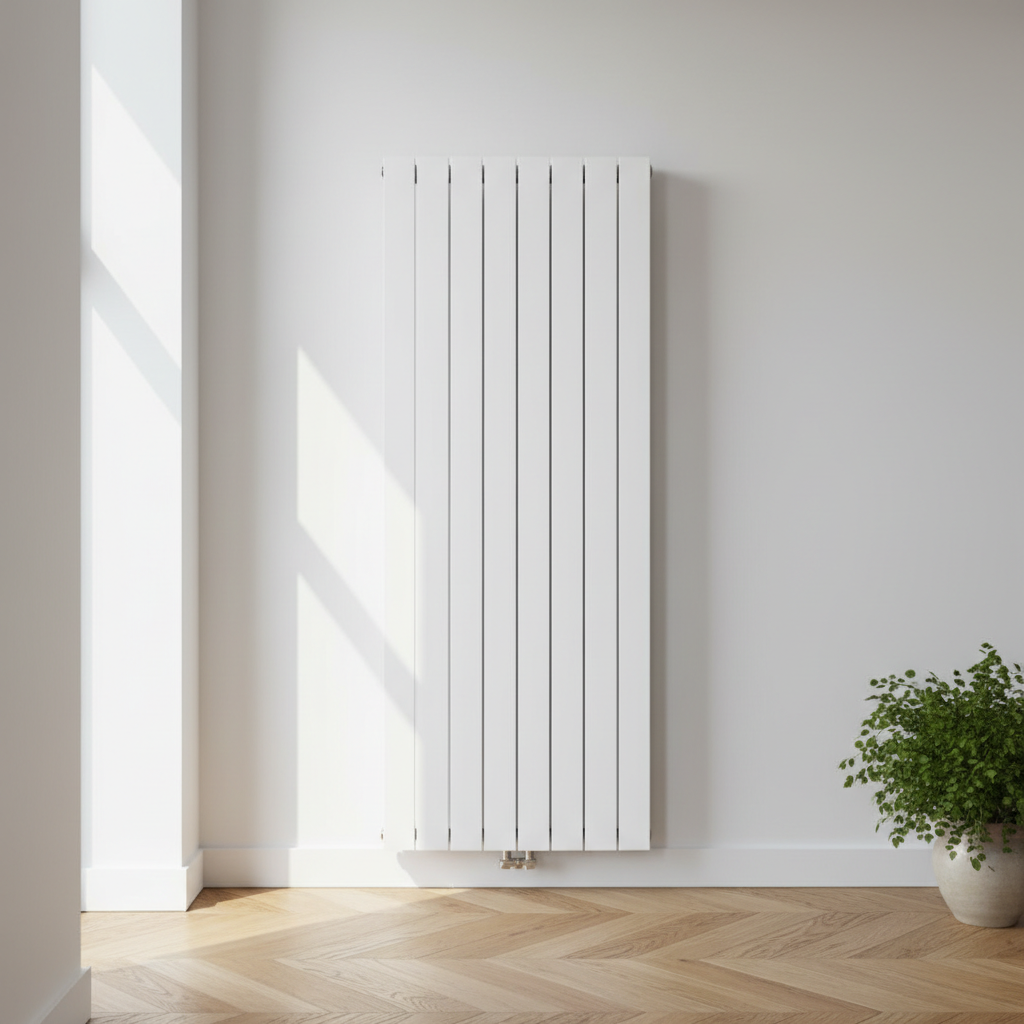 Modern radiator on white wall in bright living room, clean interior, warm tones