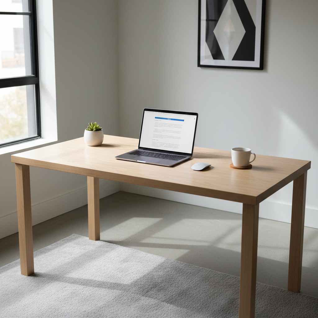 Clean desk with a laptop showing a budget spreadsheet, a coffee mug, and a small succulent plant in bright natural light