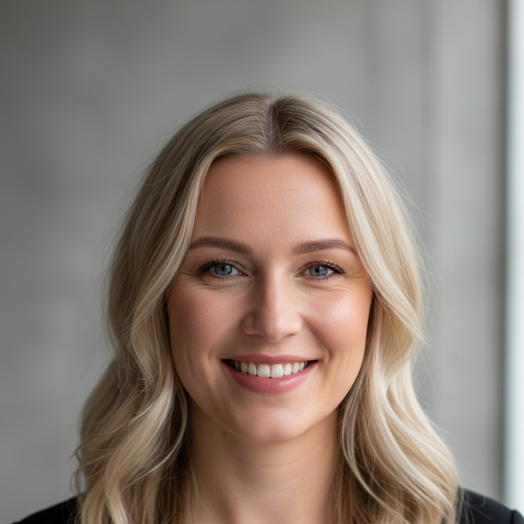 Sophie Andersson, professional headshot, Scandinavian woman with blonde hair, creative professional, warm natural light