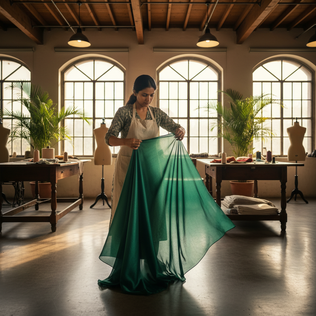 SLF craftsmanship editorial — a seamstress draping silk on a mannequin in a high-ceilinged Bangalore atelier with tall windows
