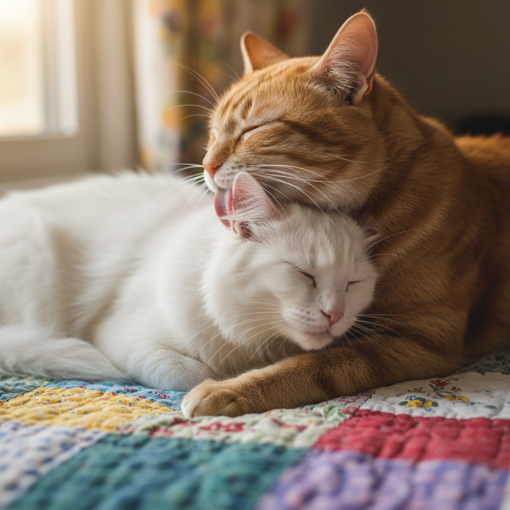 Fig grooming Barnaby's ear while both cats rest on a patchwork quilt
