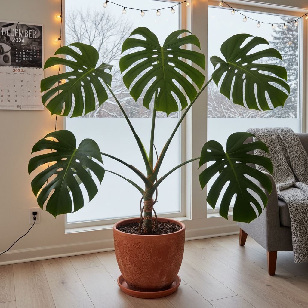 Large monstera plant in a terracotta pot in a living room corner