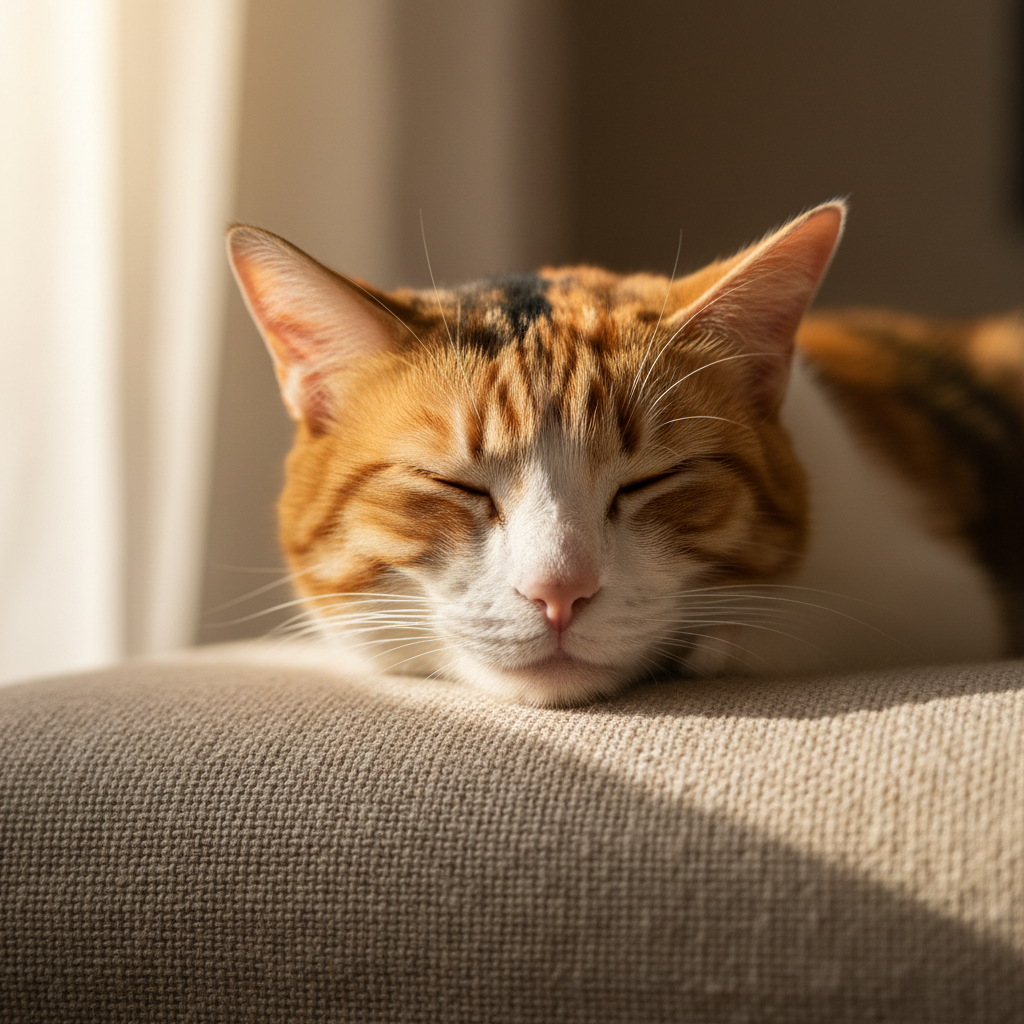 Calico cat mid-blink on a linen examination cushion, veterinary hand barely visible, natural window light