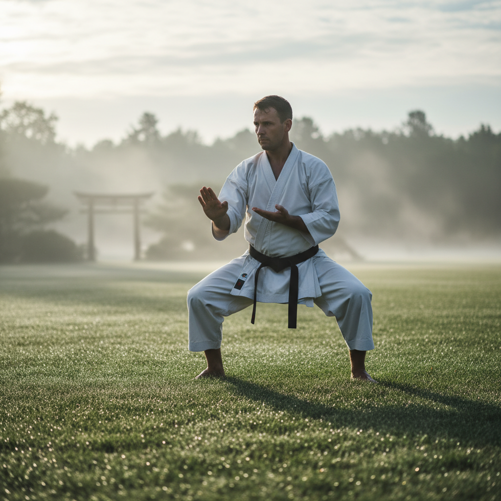 Karateka training outdoors on wet grass at dawn during summer gasshuku camp, mist rising in morning light