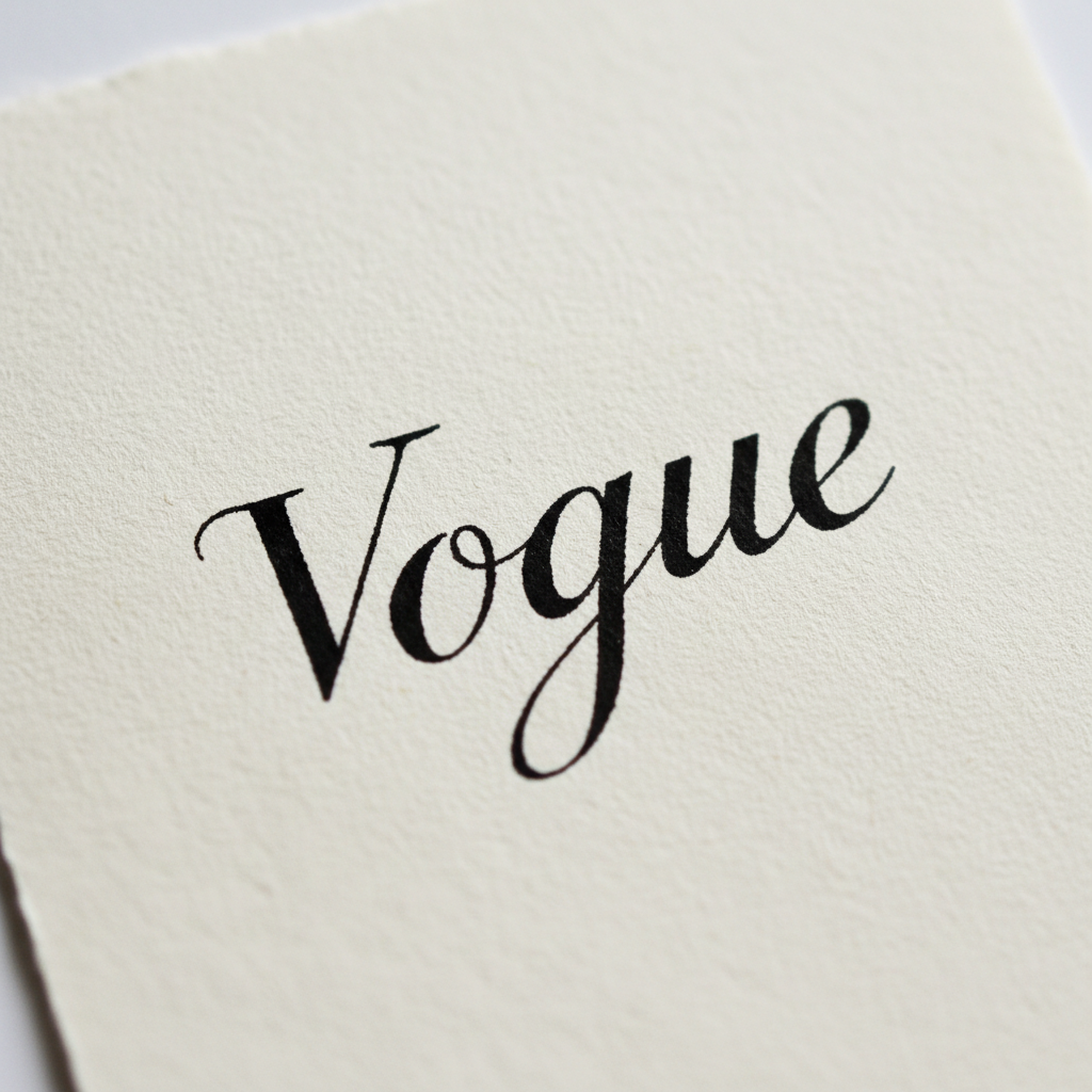 Close-up of elegant hand-lettered italic script spelling Vogue in rich black sumi ink on cream cotton paper, fine hairline strokes visible under studio lighting