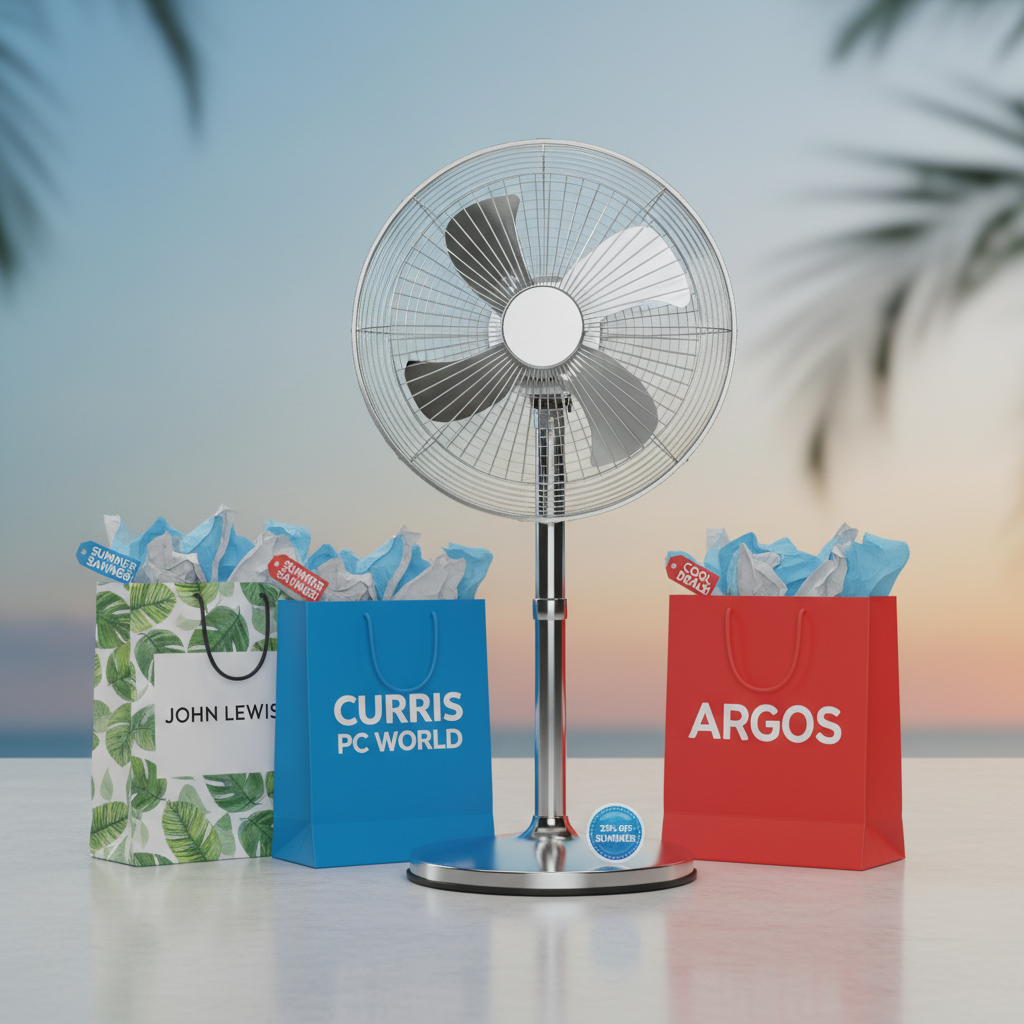 Shopping bags and a fan representing summer cooling product deals from UK retailers