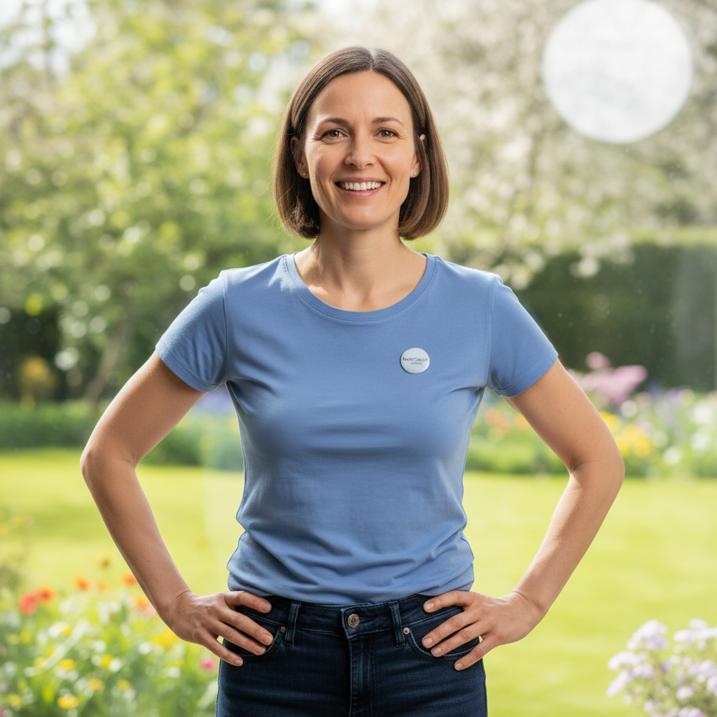 Happy homeowner in a garden setting, warm smile, natural background