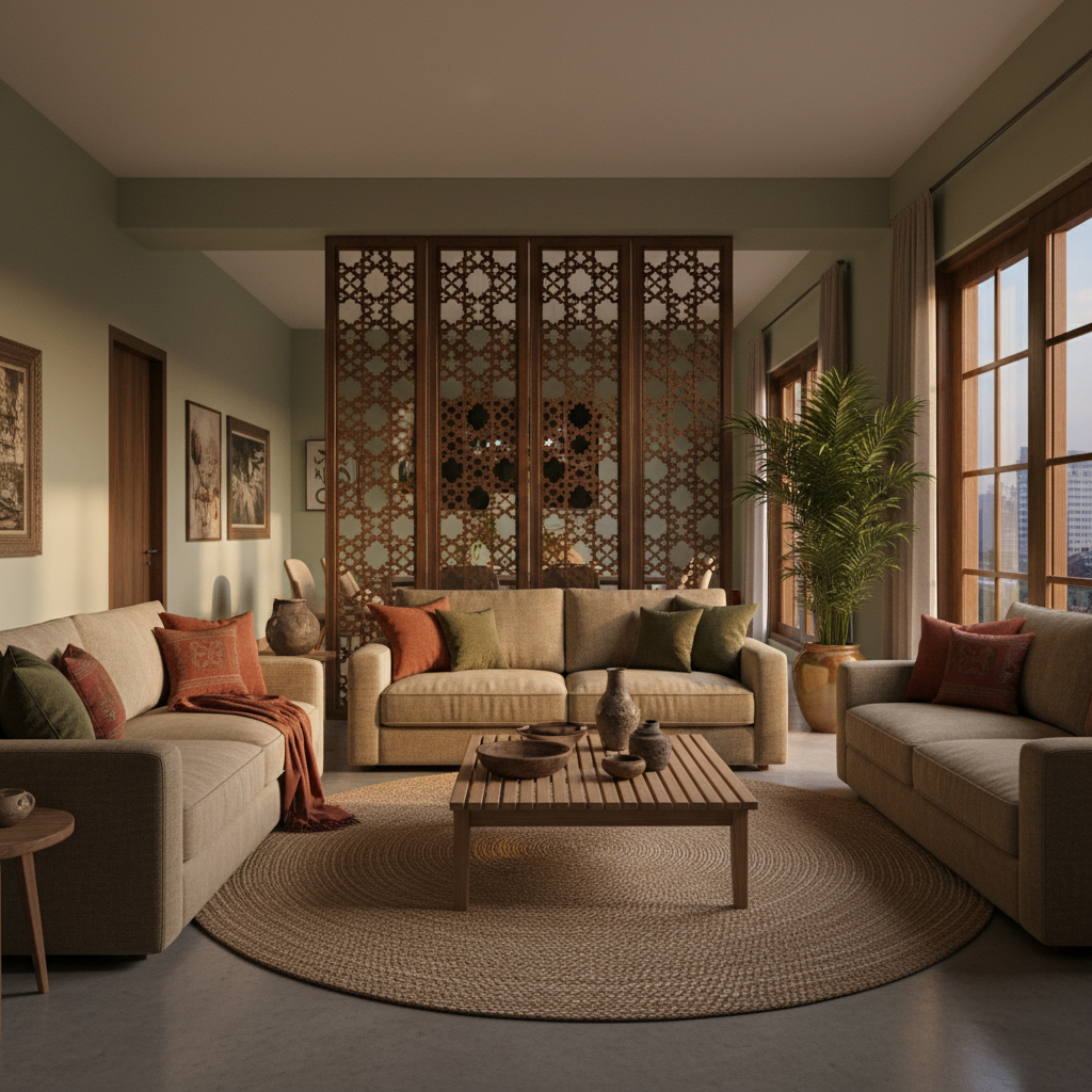 Decorative partition screen with floral cutout pattern separating living spaces in modern Indian home