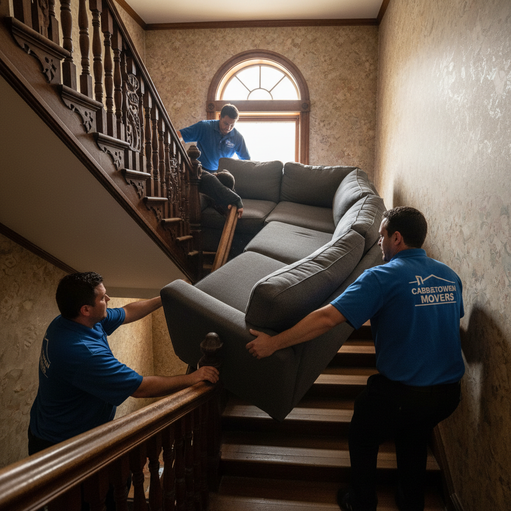 Professional movers carefully maneuvering a large sectional sofa through a narrow Cabbagetown Victorian stairwell