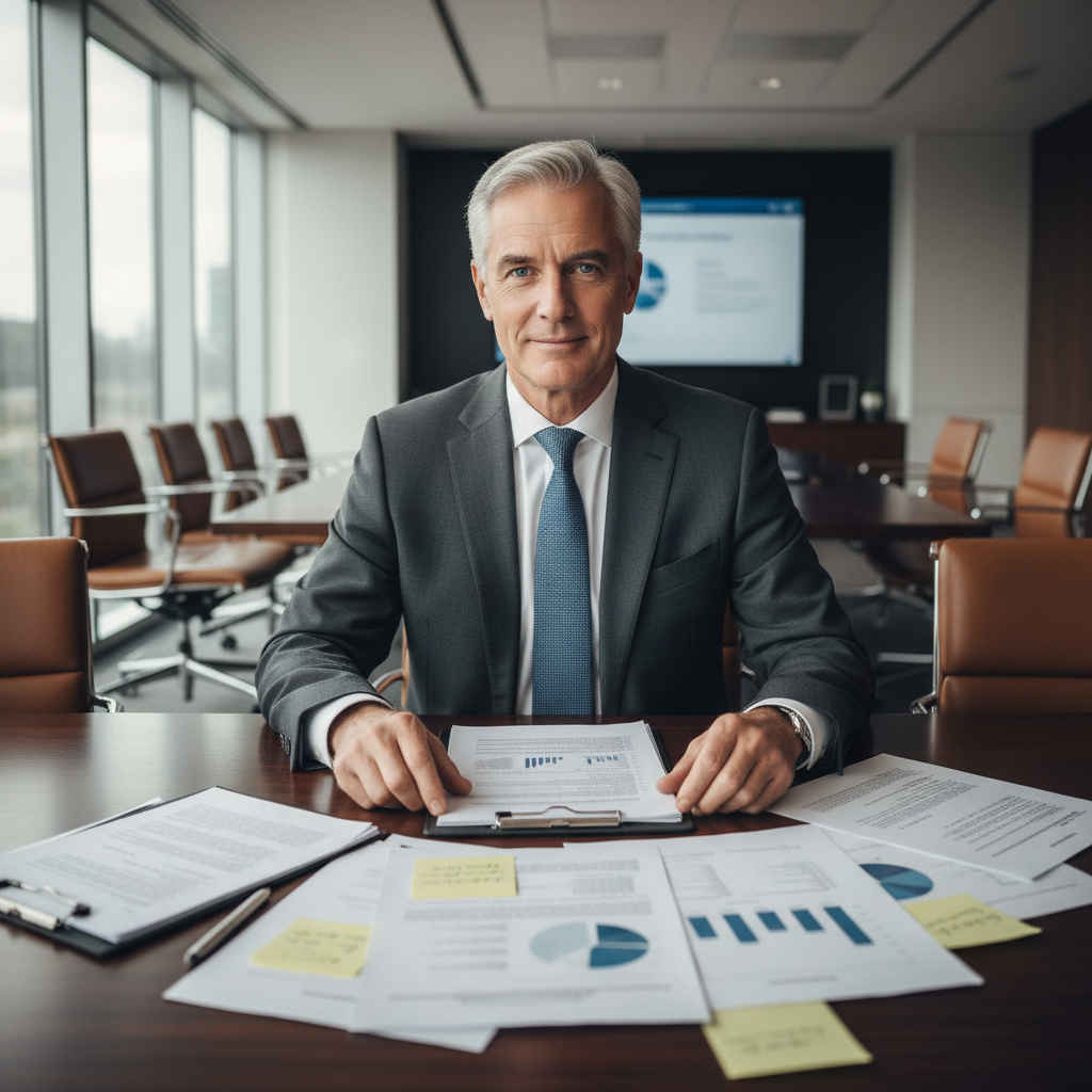 Professional man in his 50s at conference room table with documents, confident posture, natural office lighting