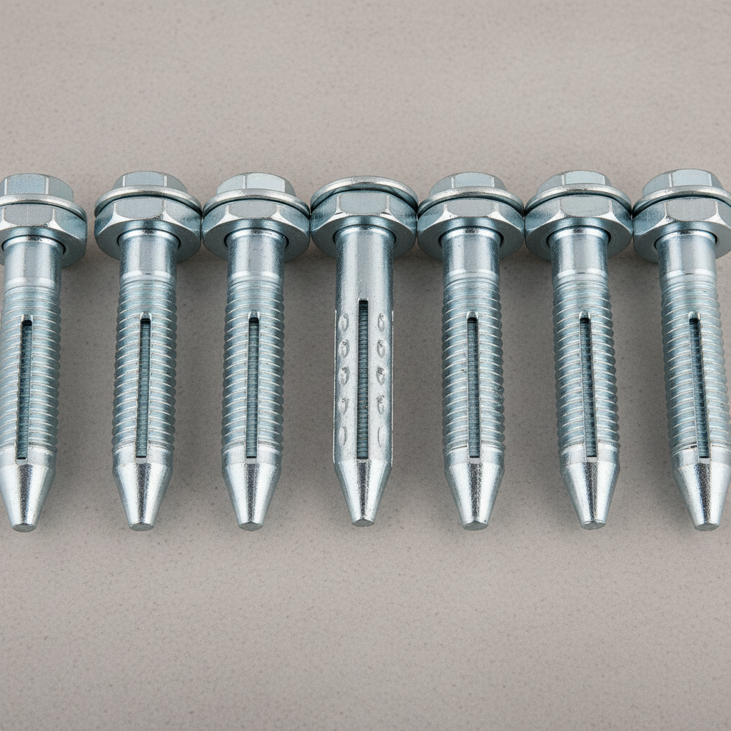 Close-up of zinc-plated concrete wedge anchor bolts