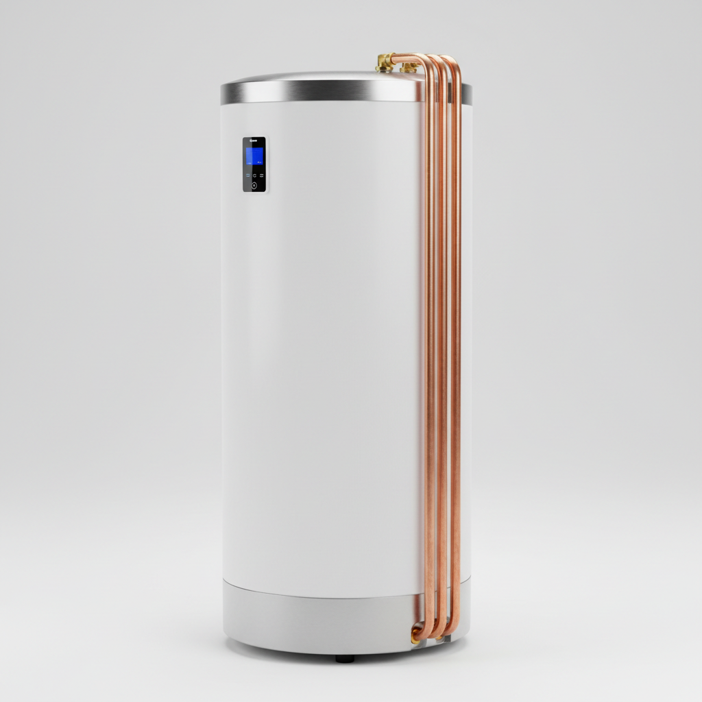 Modern tankless water heater mounted on a white wall in a utility room, copper pipes, professional installation, clean background