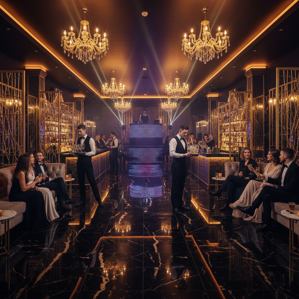 Exclusive nightclub interior with purple and gold lighting, Mykonos