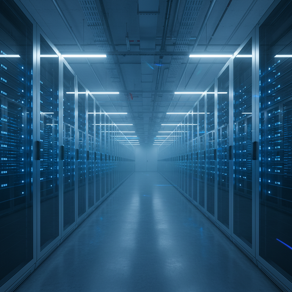 Server infrastructure with dim blue lighting, rows of dark hardware, atmospheric data center environment