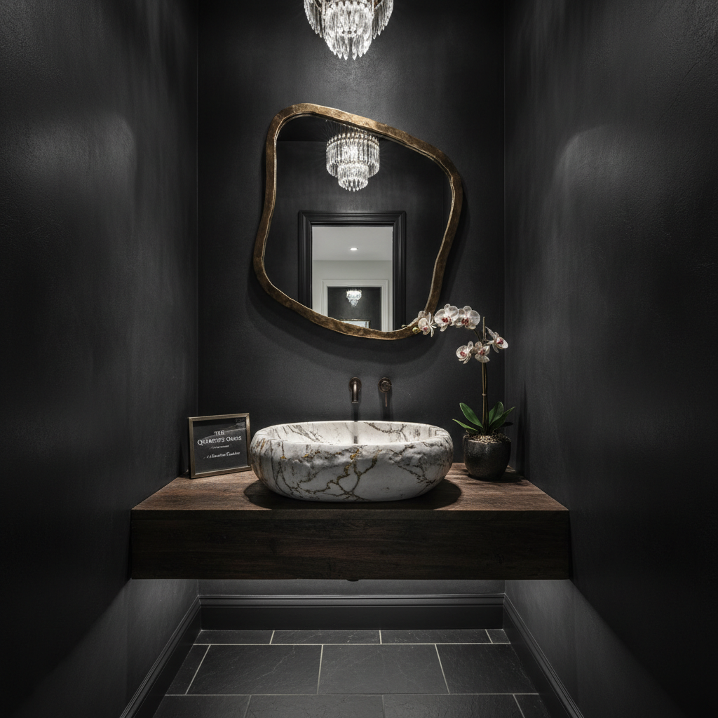 Dramatic powder room with dark walls and quartzite vessel sink that became the selling point of the Charleston investment property