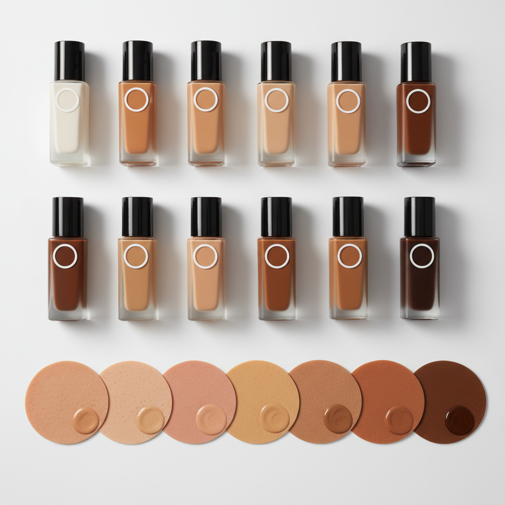 Premium foundation bottle on white surface with soft warm lighting luxury beauty editorial