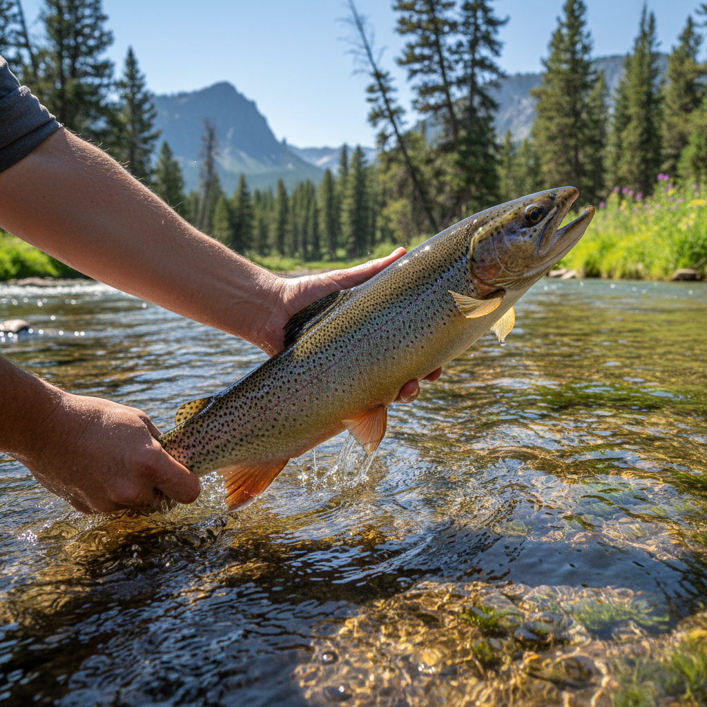 Angler releasing trophy brown trout back into the Little Red River