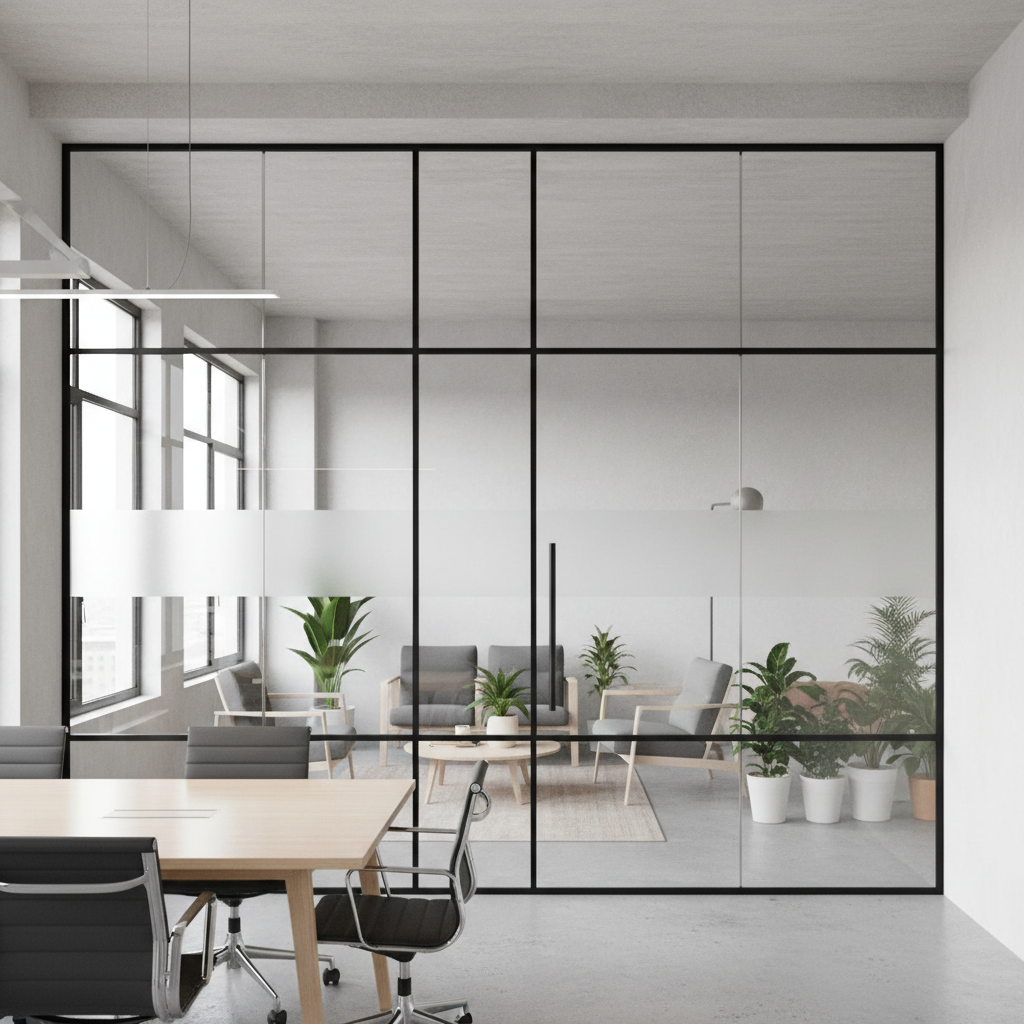 Glass partition walls in modern open-plan office with meeting room