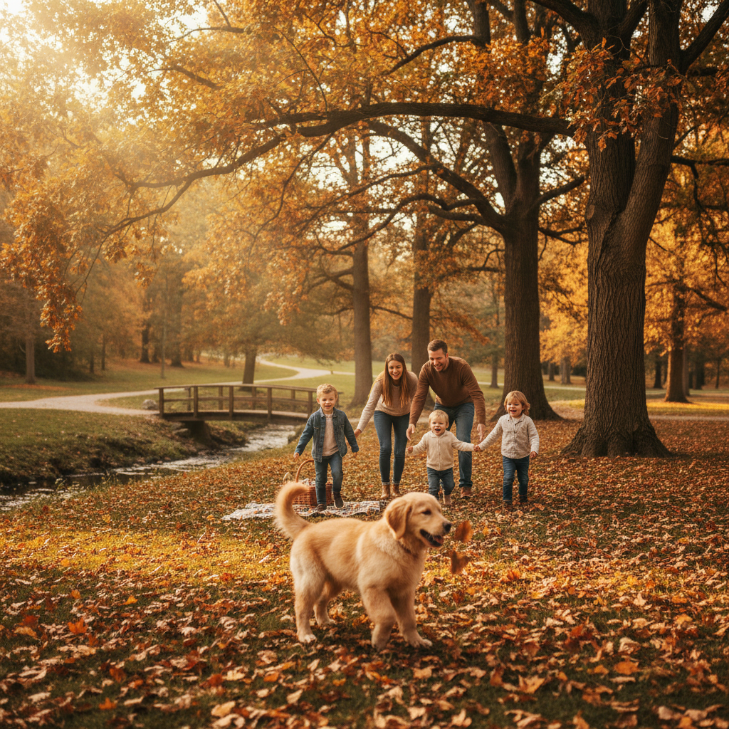 Golden retriever puppy with family in autumn park