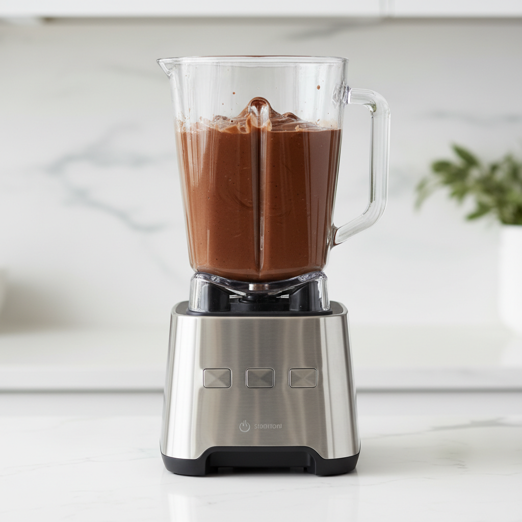 High-speed blender with dark cacao and cashew mixture creating a smooth raw chocolate cream