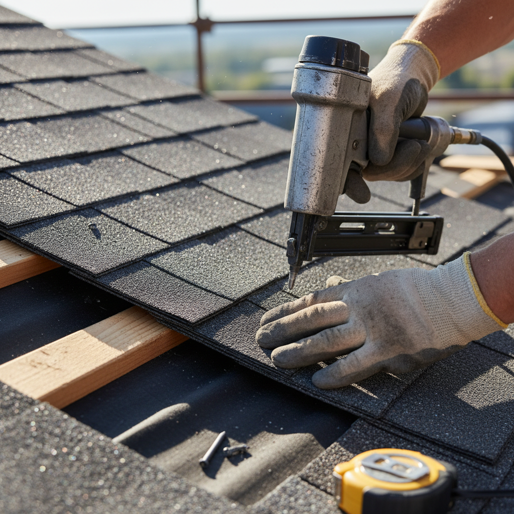 Close-up of premium roofing shingles being installed with precision tools, dark grey tones