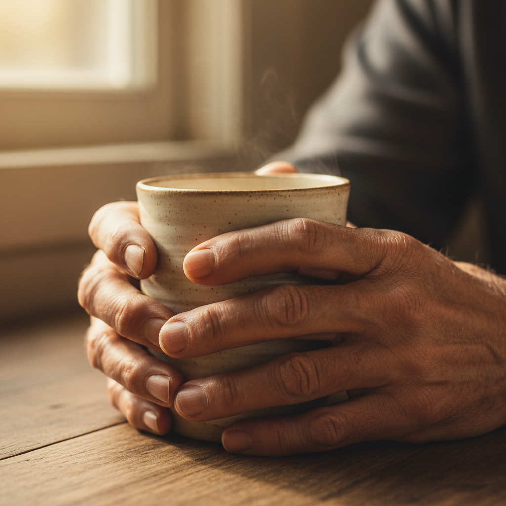 Hands holding warm ceramic mug with coffee steam rising, cozy morning light, wooden table surface