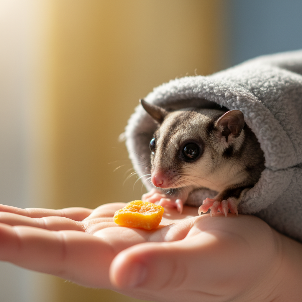 A child's hand gently offering a small treat, a sugar glider's nose and tiny paw reaching forward cautiously from a soft fleece pouch to accept it