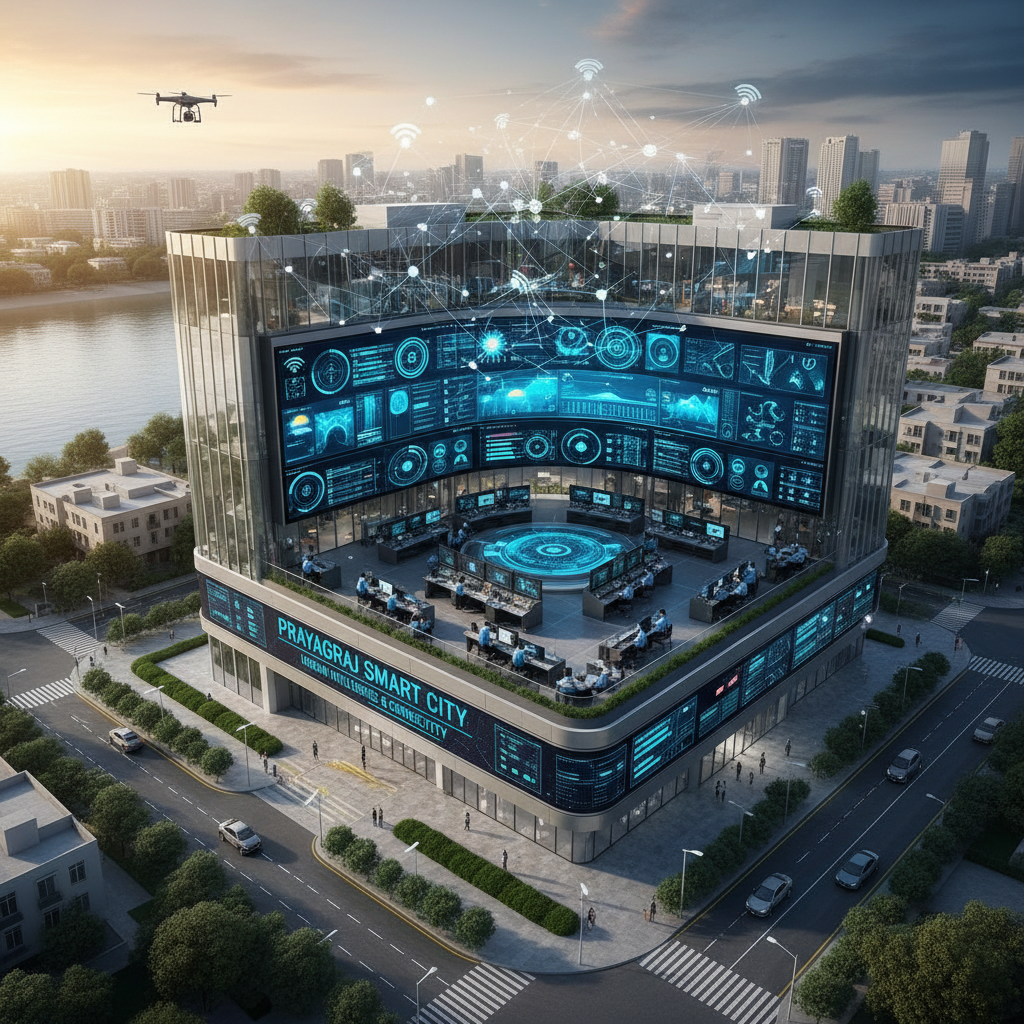 Modern government building with digital screens showing data dashboards, well-lit professional environment