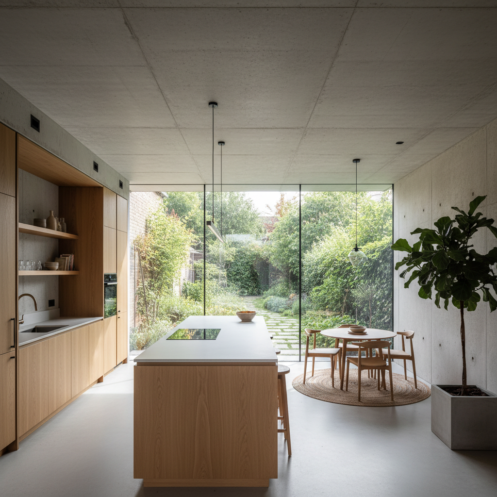 New kitchen extension interior looking through full-height glazing to garden, concrete walls and oak joinery