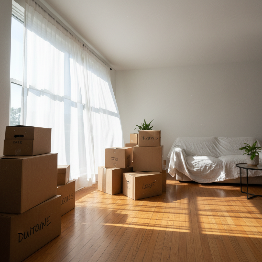 Bright modern San Francisco apartment with moving boxes neatly stacked near the window, warm afternoon light, clean hardwood floors, organized and calm environment
