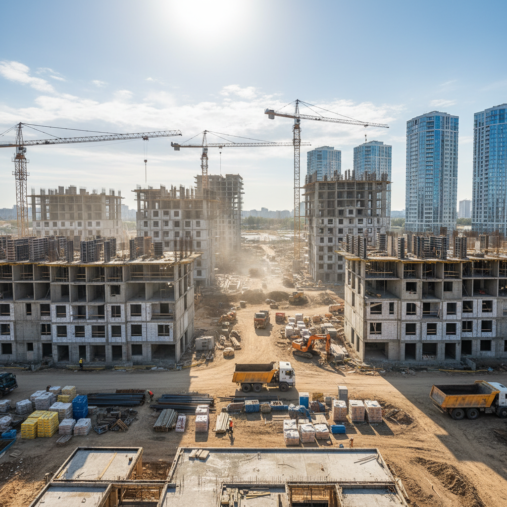 Construction project development site with cranes and infrastructure in bright daylight, aerial view