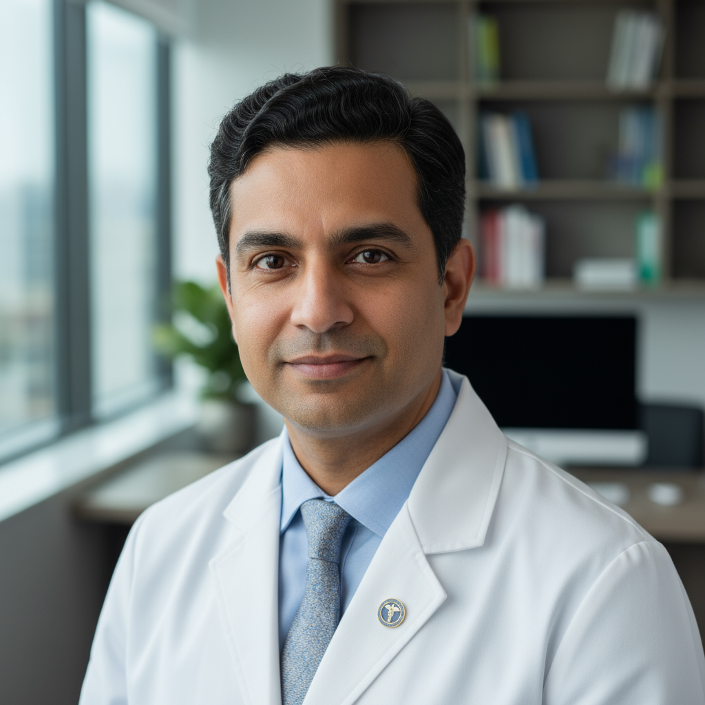 Indian male doctor in formal suit, professional headshot, neutral background