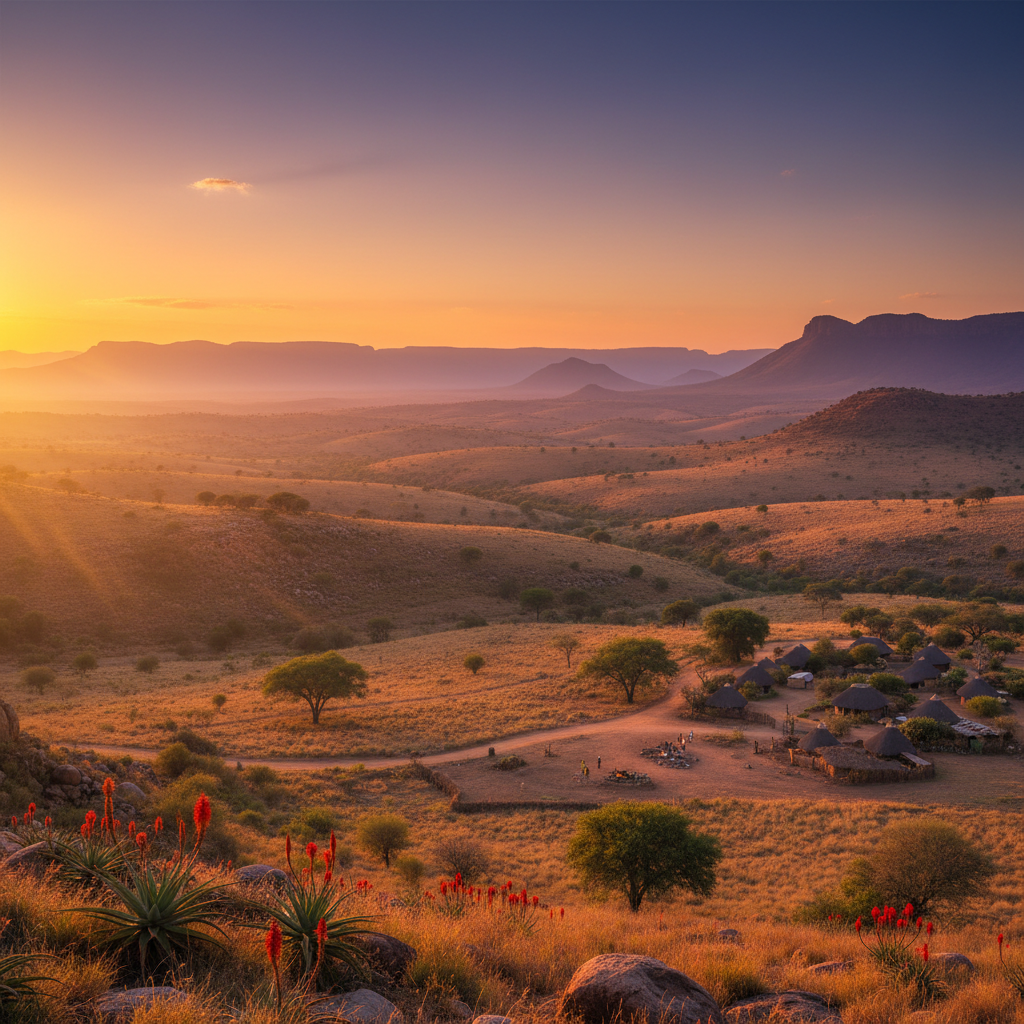 Dramatic rural South African landscape at dusk, deep shadows, warm amber horizon light, moody atmospheric tones