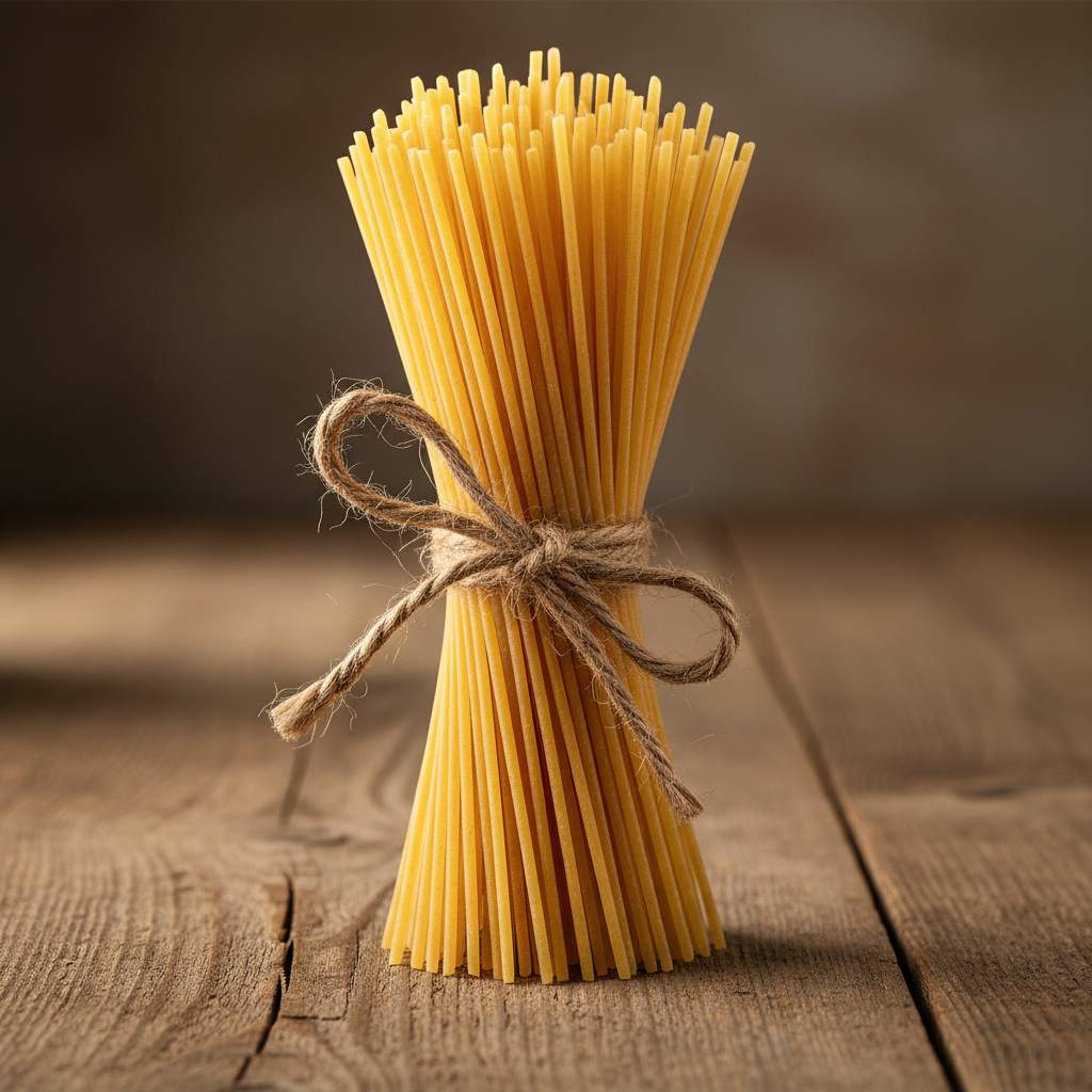 Dry spaghetti pasta bundle on wooden surface, warm natural light