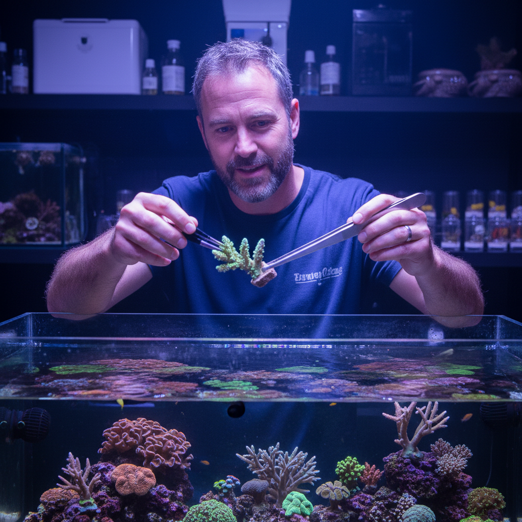 Reef store founder mid-conversation, holding coral frag with tongs near an open saltwater display tank, blue tank light halo behind them